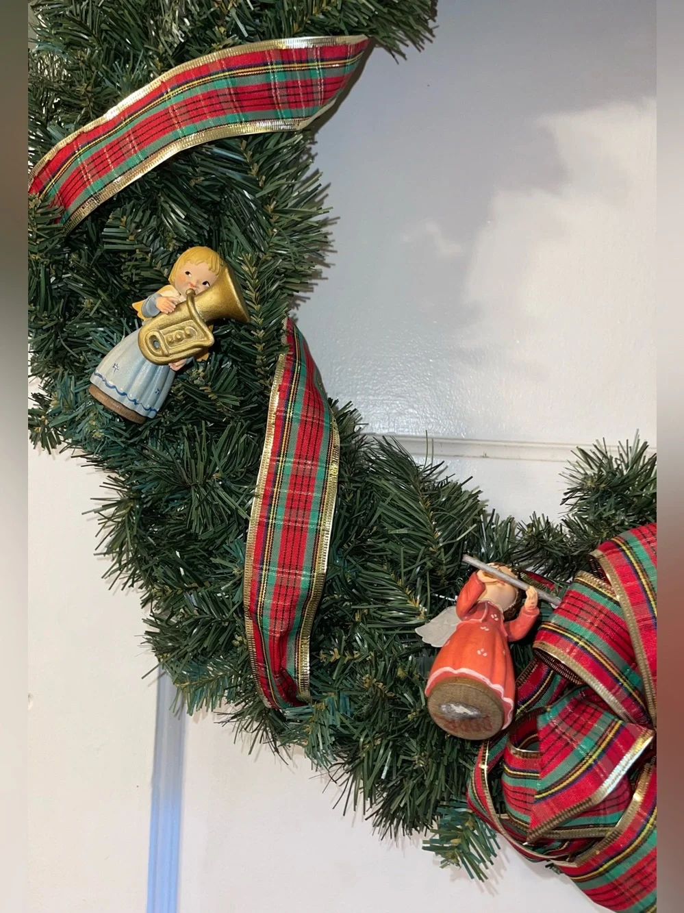 Festive Green Christmas 24 Inch Wreath with Red Plaid Ribbon and Angel Ornaments